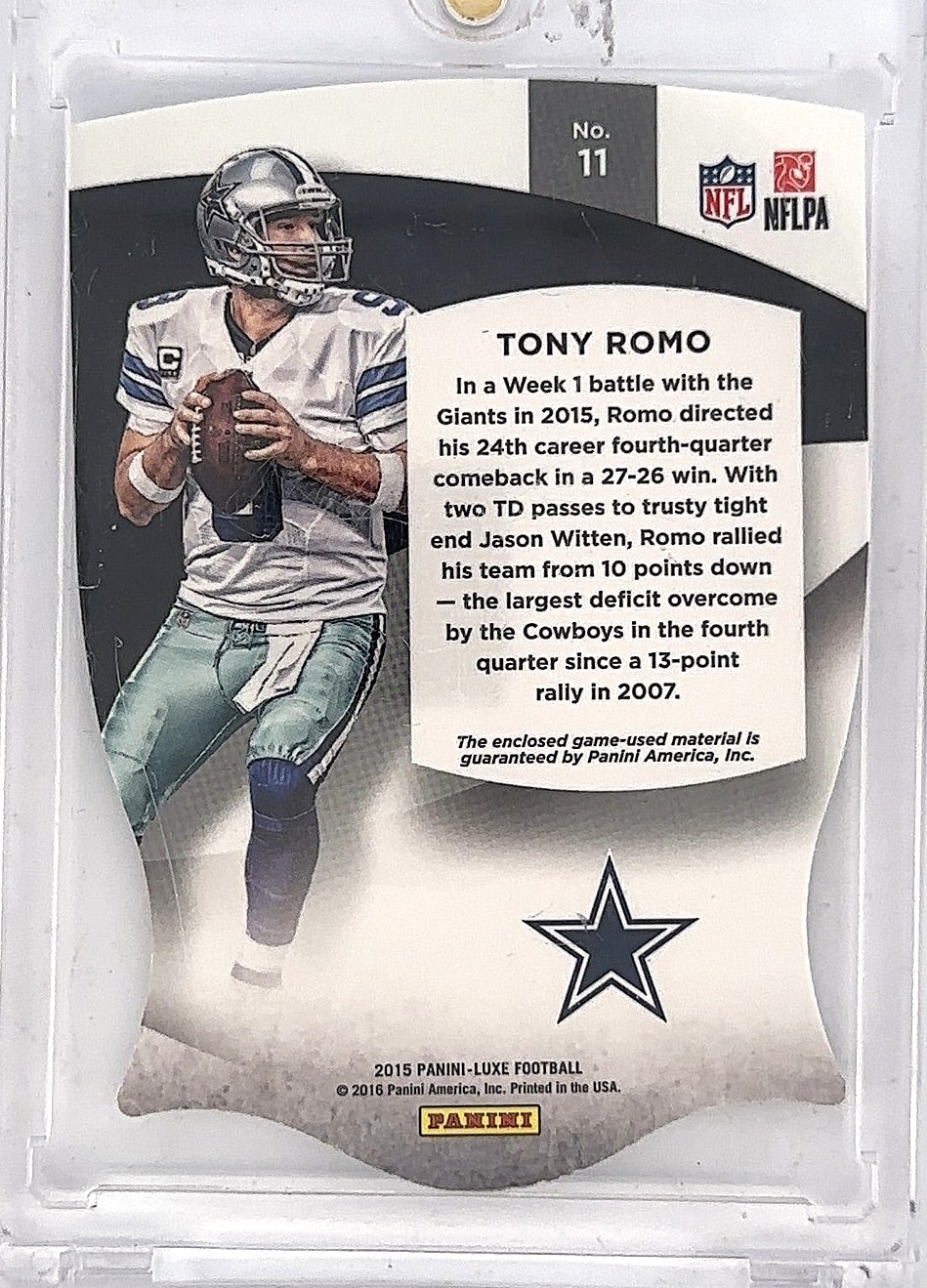 Tony Romo Panini Luxe Game Used Patch /30 — back