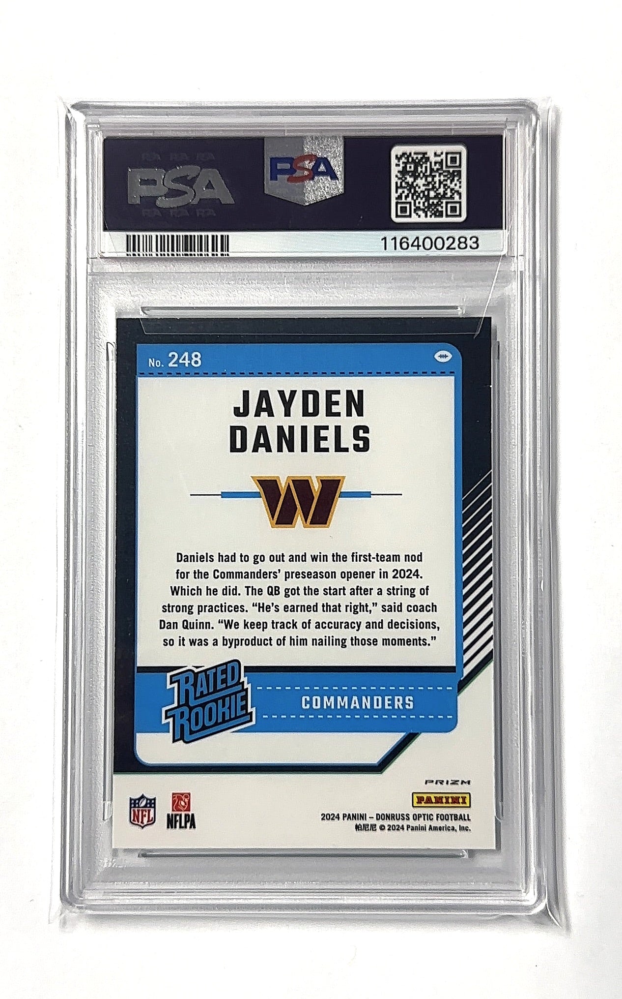 2024 Panini Donruss Optic Jayden Daniels [Green Velocity] #248 RC PSA 9 — back