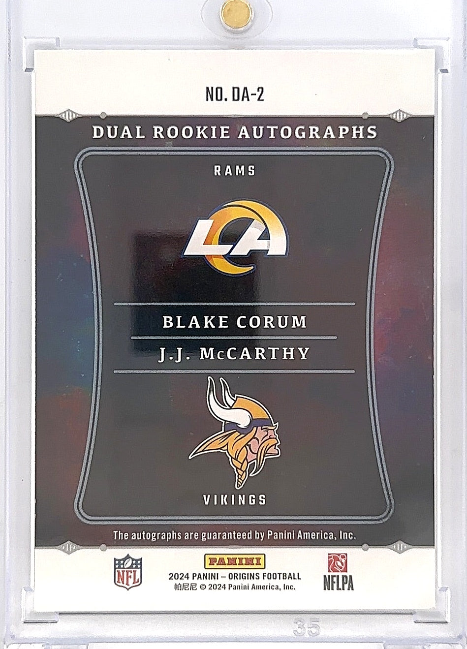 2024 Panini Origins Dual Rookie Autograph Blake Corum / J.J. McCarthy #DA-2 — back