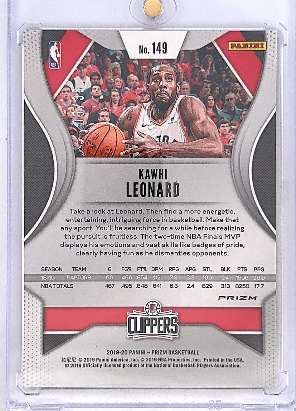 2019 Panini Prizm Kawhi Leonard [Fast Break Prizm Pink] #149 — back