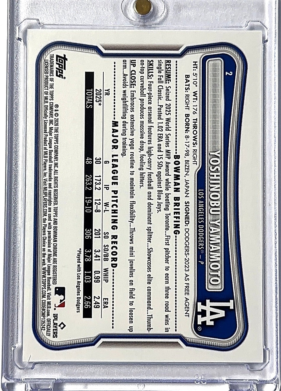 2026 Bowman Yoshinobu Yamamoto [Blue] #2 — back