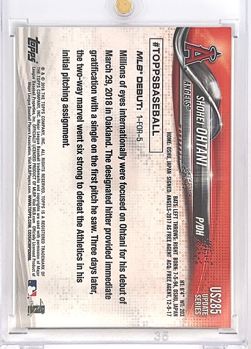 2018 Topps Update Shohei Ohtani #US285 — back