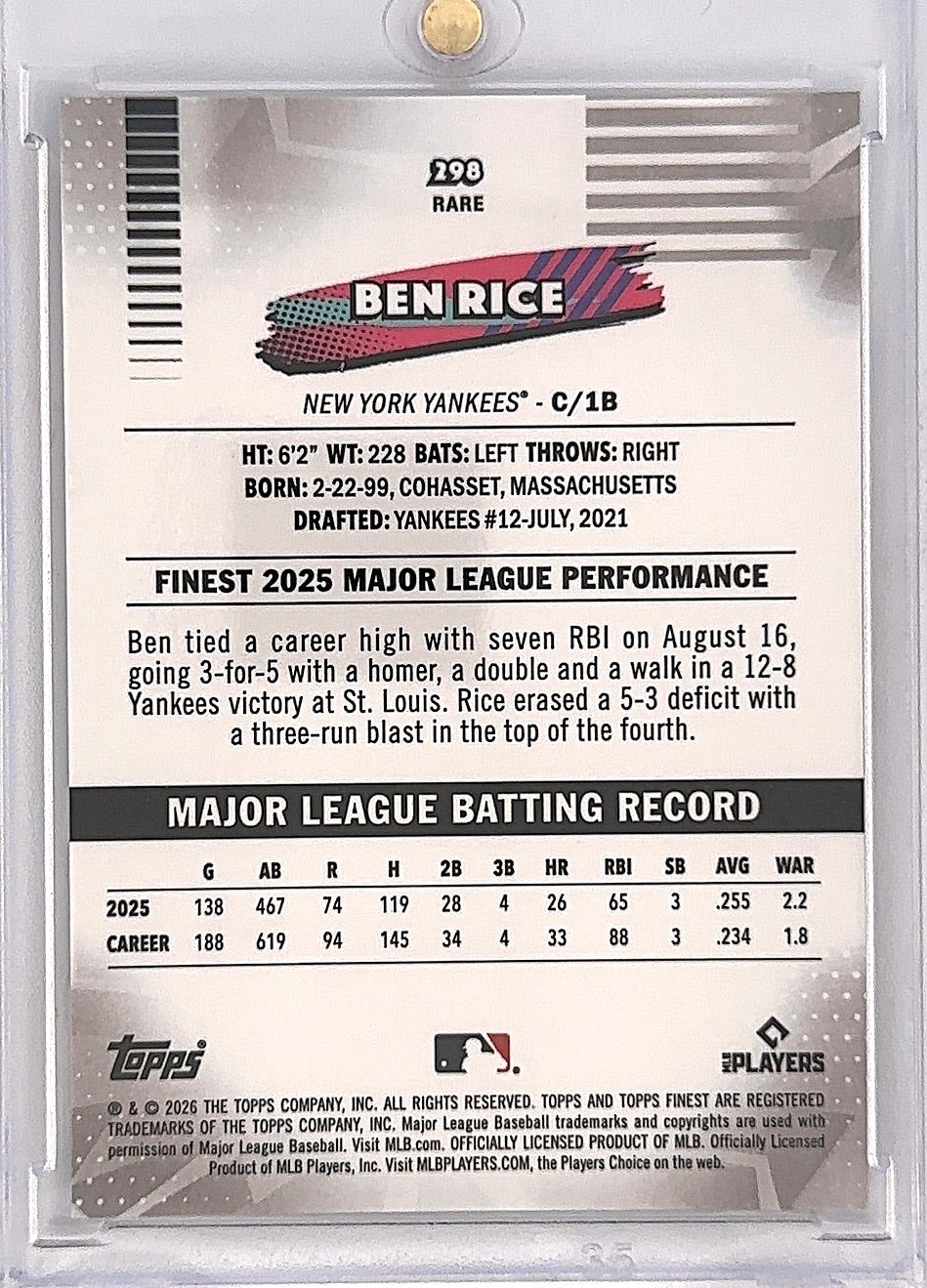 2026 Topps Finest Ben Rice [Black Refractor] #298 /10 — back