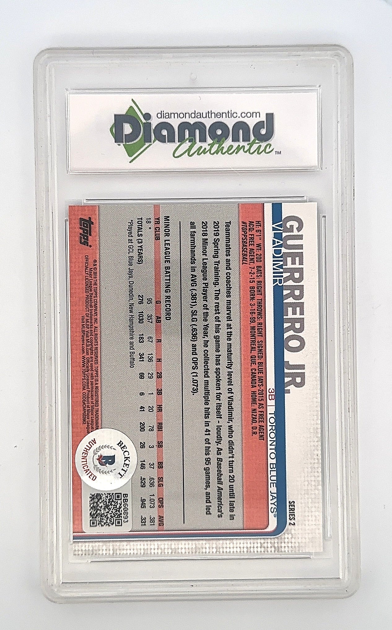 Vladimir Guerrero Jr. 2019 Topps On Card Auto — back