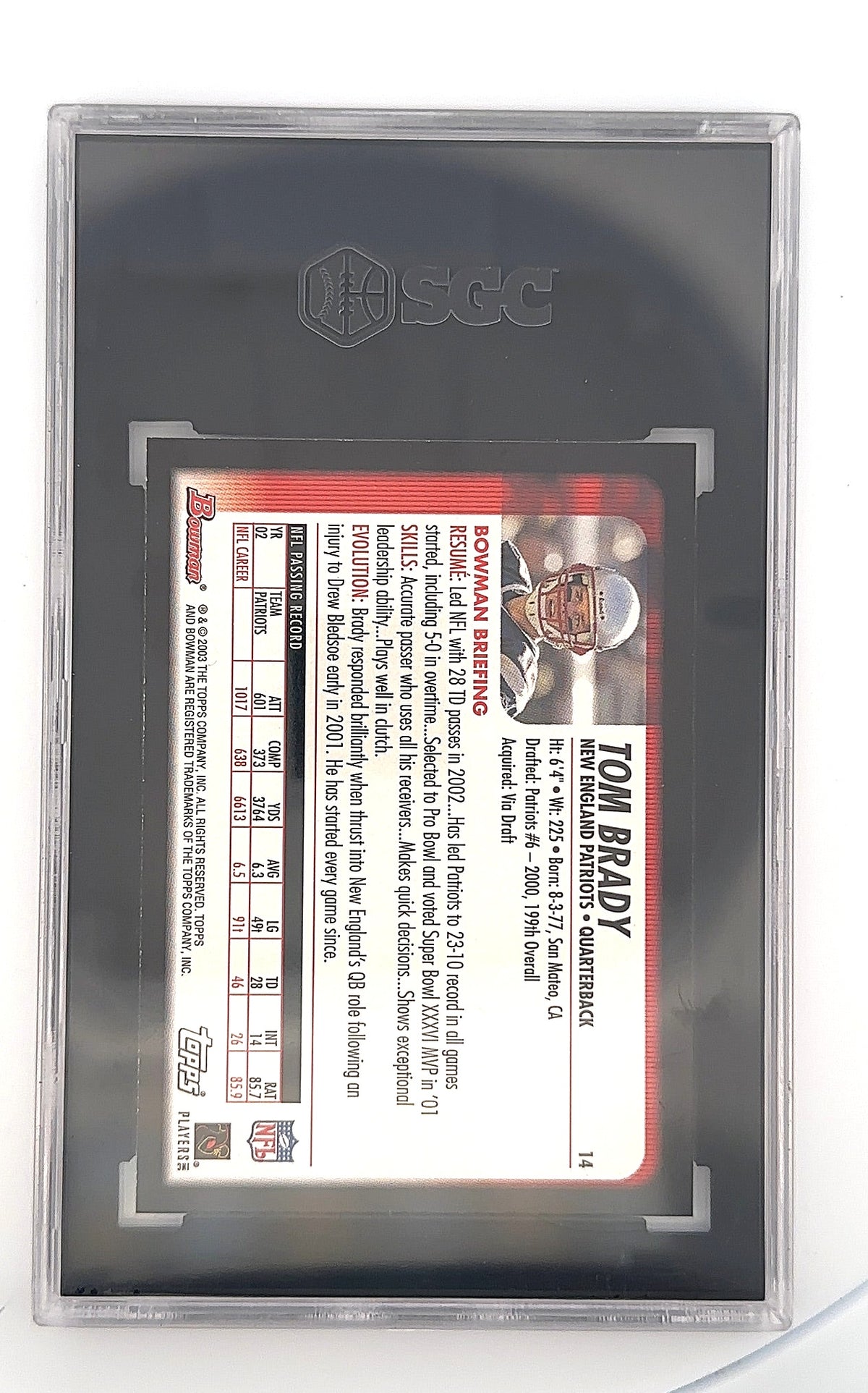 Tom Brady 2003 Bowman #14 SGC NM/MT 8 — back