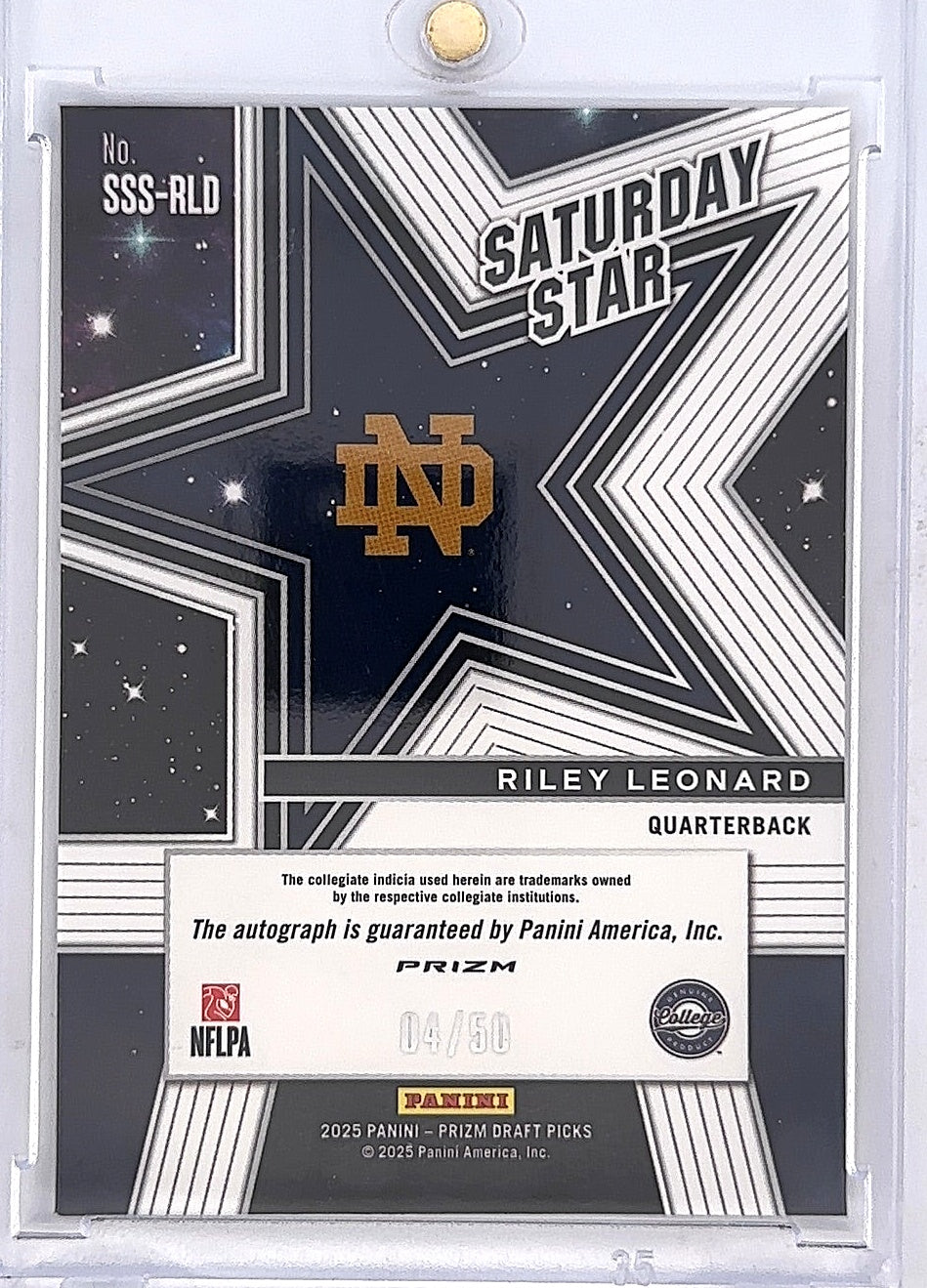2025 Panini Prizm Draft Picks Saturday Star Signature Riley Leonard [Purple Ice] #SSS-RLD — back