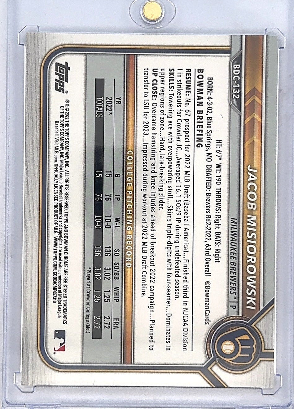 2022 Bowman Draft Chrome Jacob Misiorowski #BDC-132 — back