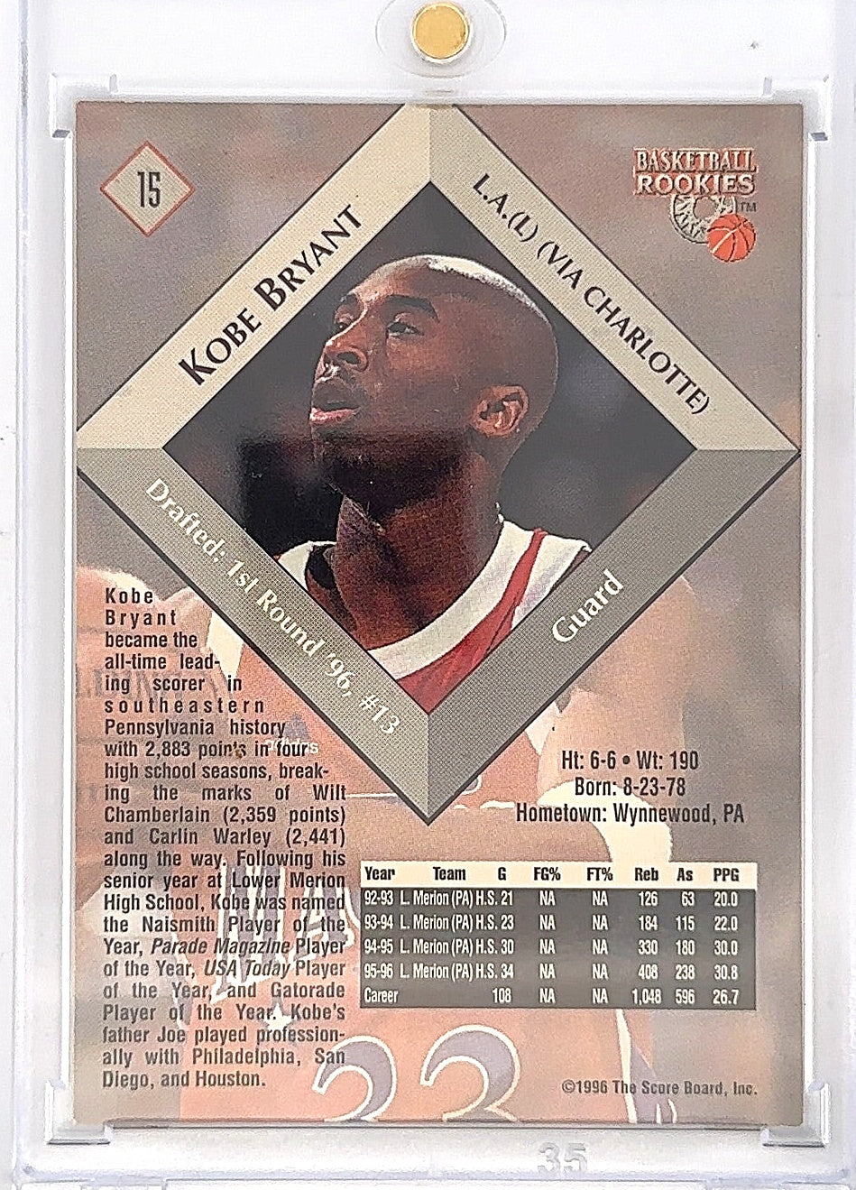 1996 Score Board Basketball Rookies Kobe Bryant #15 — back