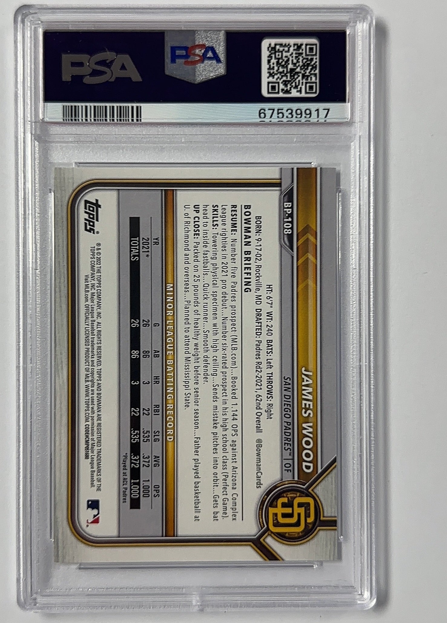 James Wood - PSA 10 Paper Prospects — back