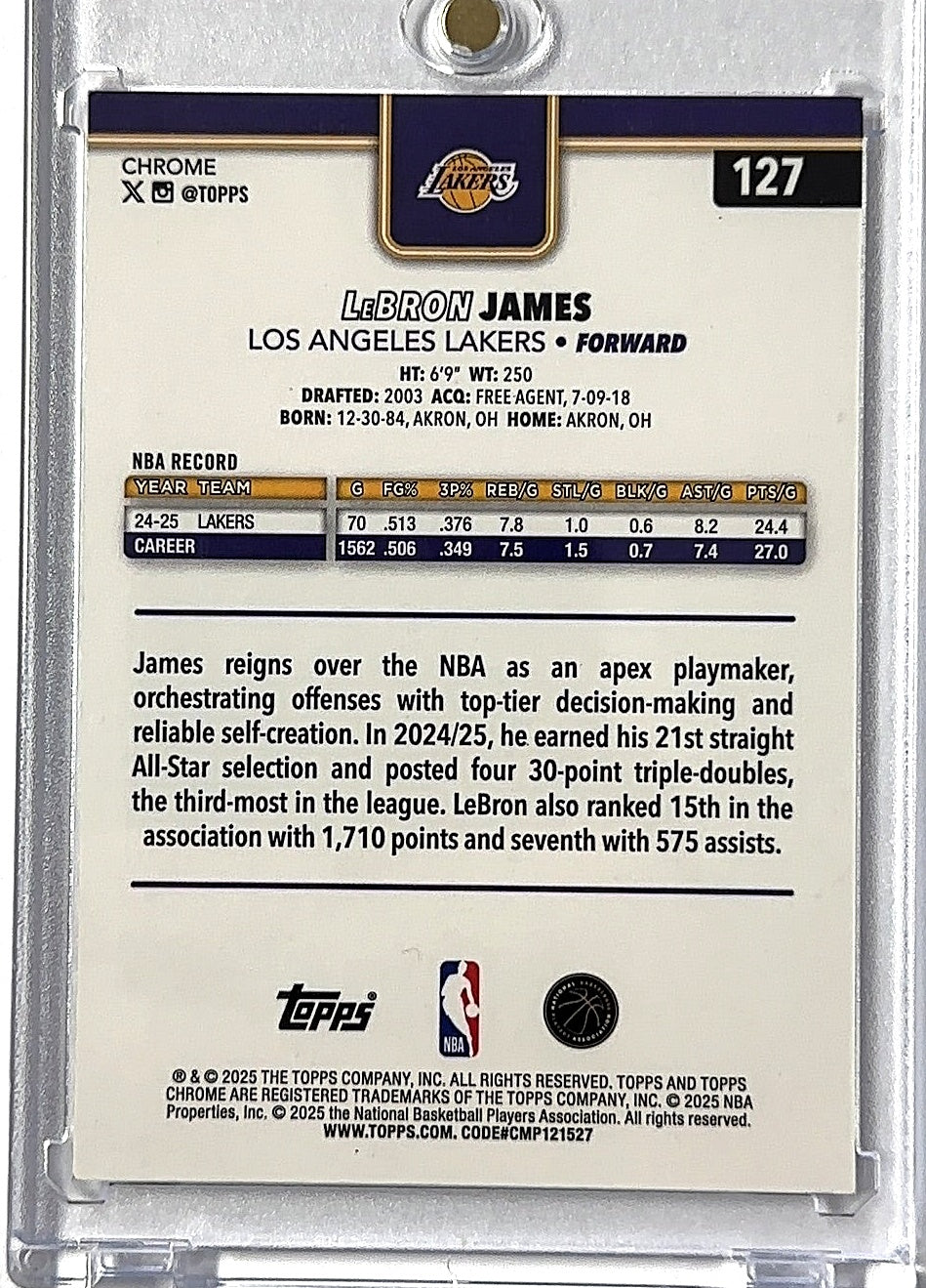 2025 Topps Chrome LeBron James /25 [Basketball Refractor] #127 — back