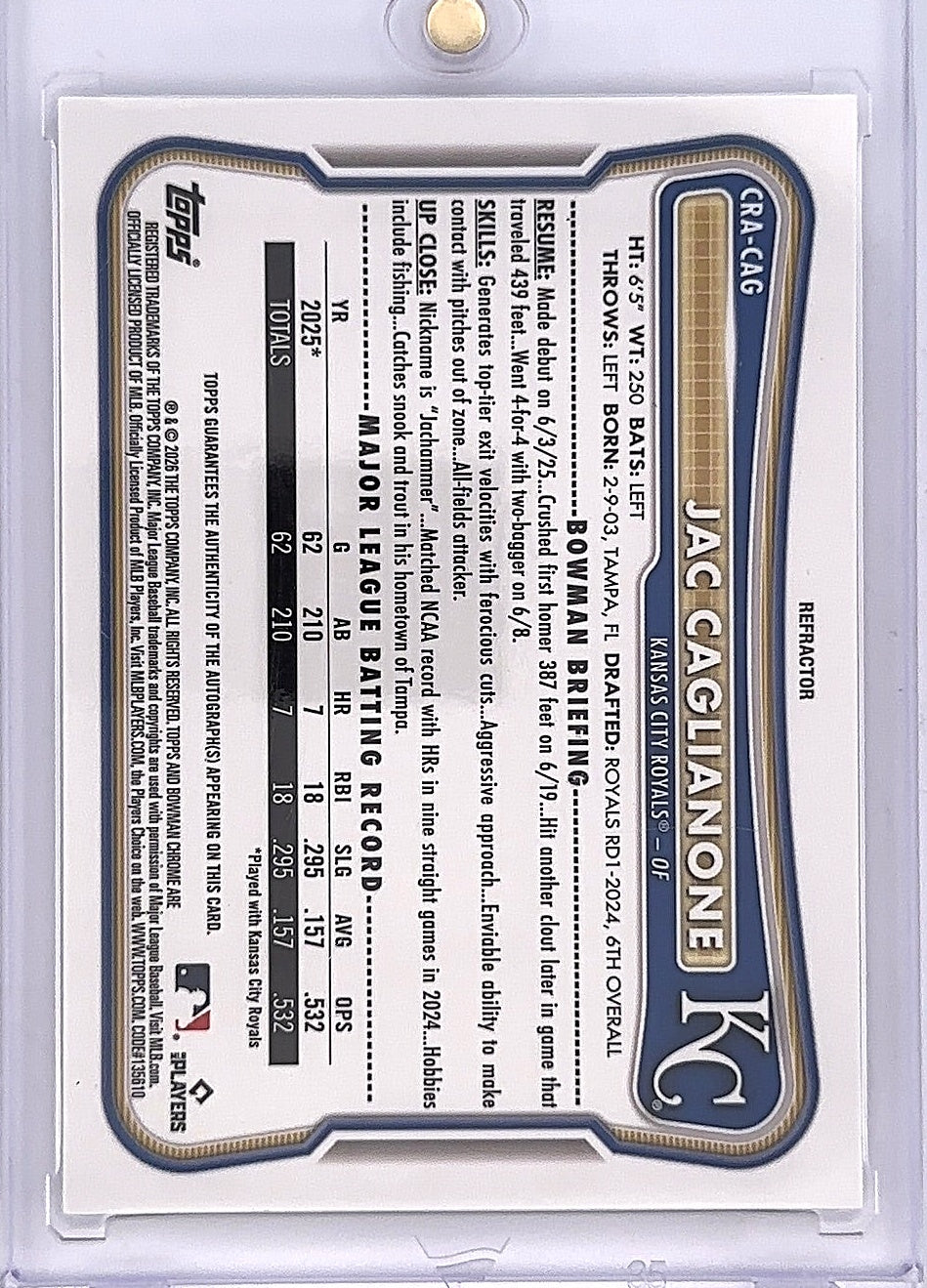 2026 Bowman Chrome Rookie Autograph Jac Caglianone [Refractor] #CRA-CAG — back