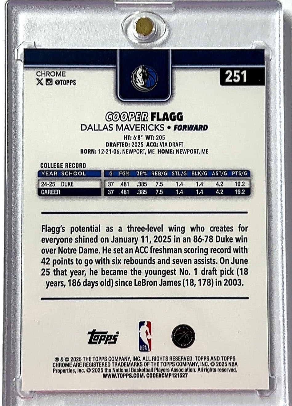 2025 Topps Chrome Cooper Flagg #251 RC — back