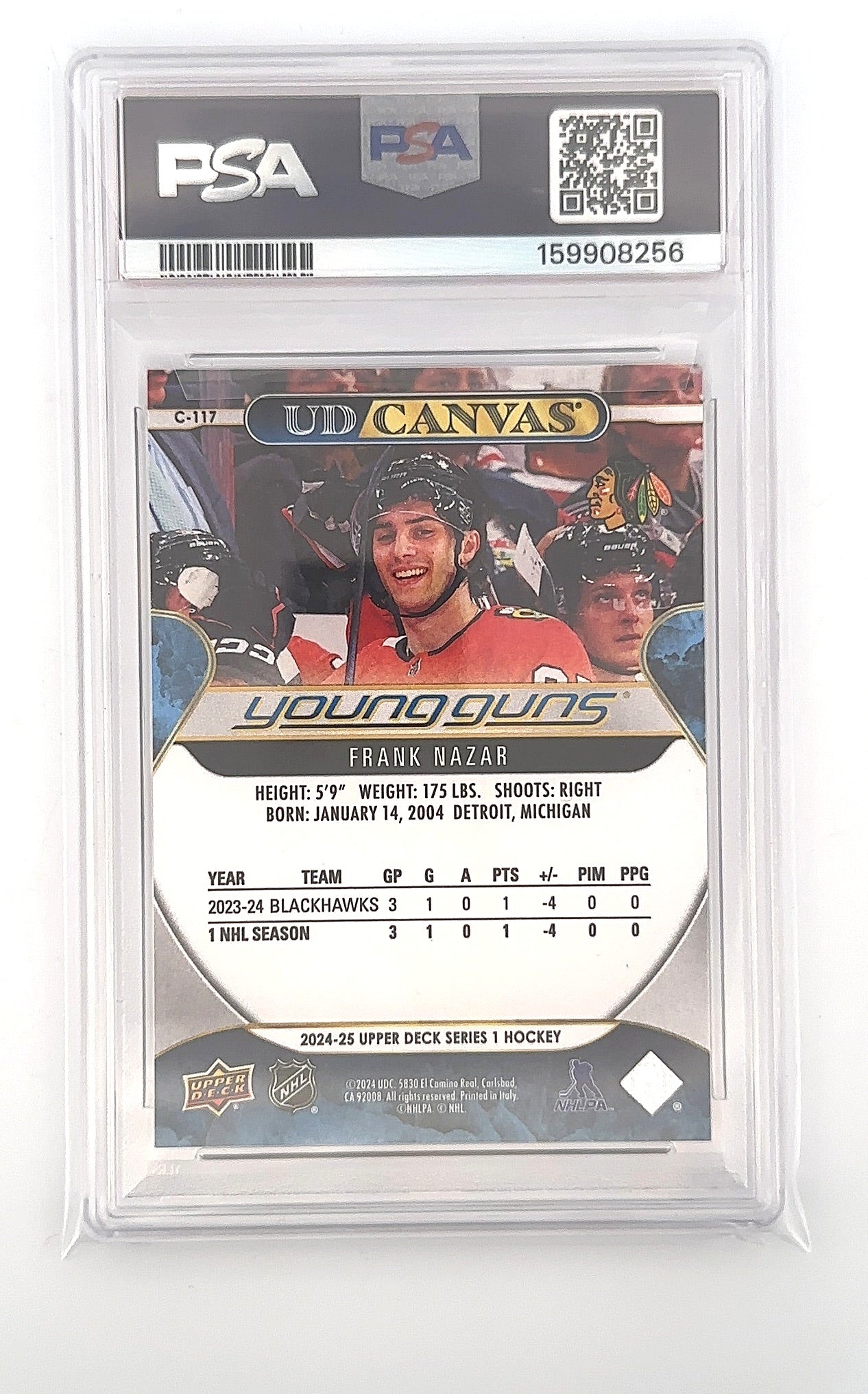 Frank Nazar UD Canvas 2024 Upper Deck PSA GEM MT 10 — back