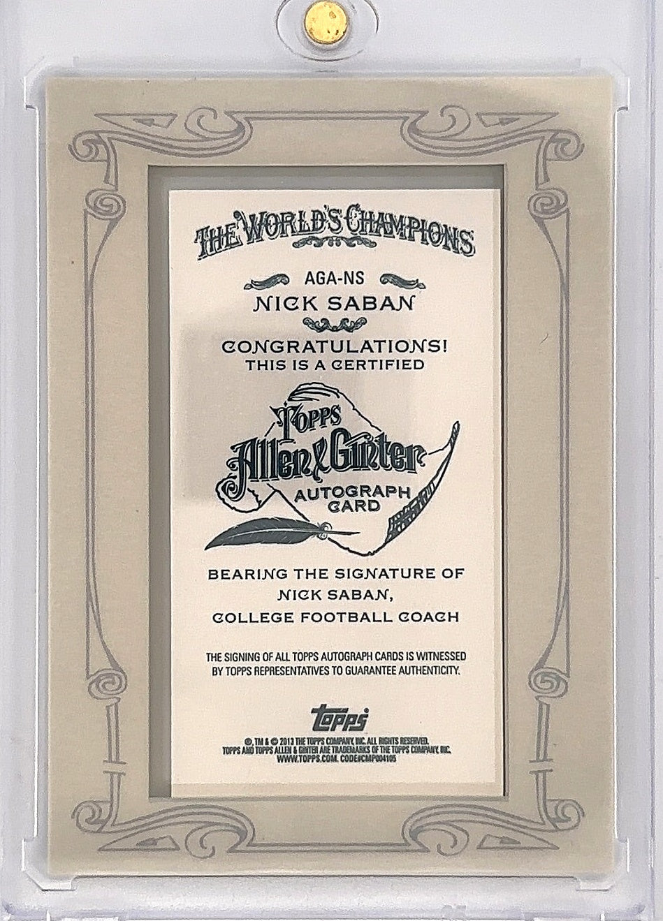 2013 Topps Allen & Ginter Framed Mini Relic Nick Saban #NBR-NS — back