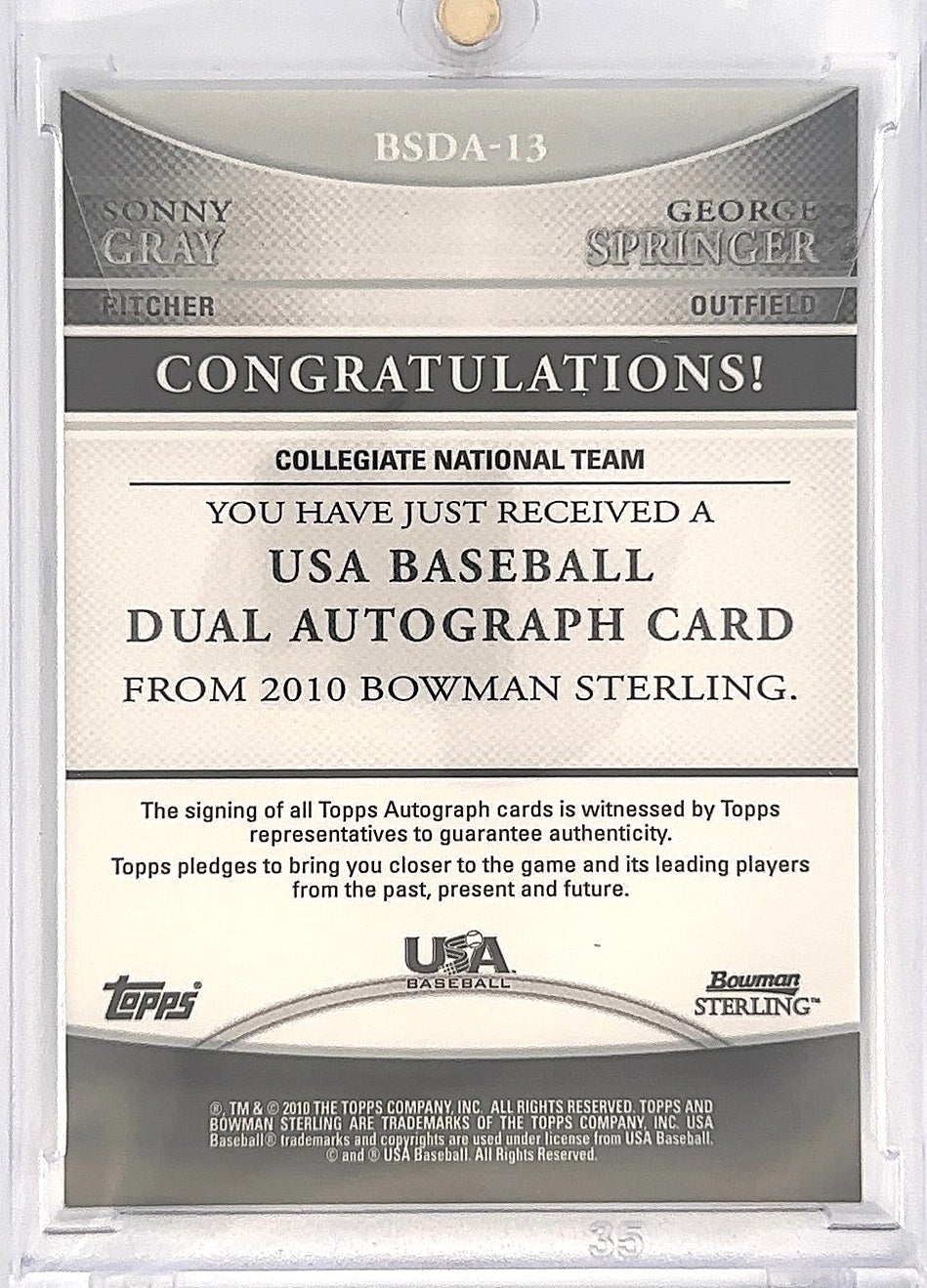 2010 Sonny Gray/George Springer Bowman Sterling Dual Auto #BSDA-13 — back