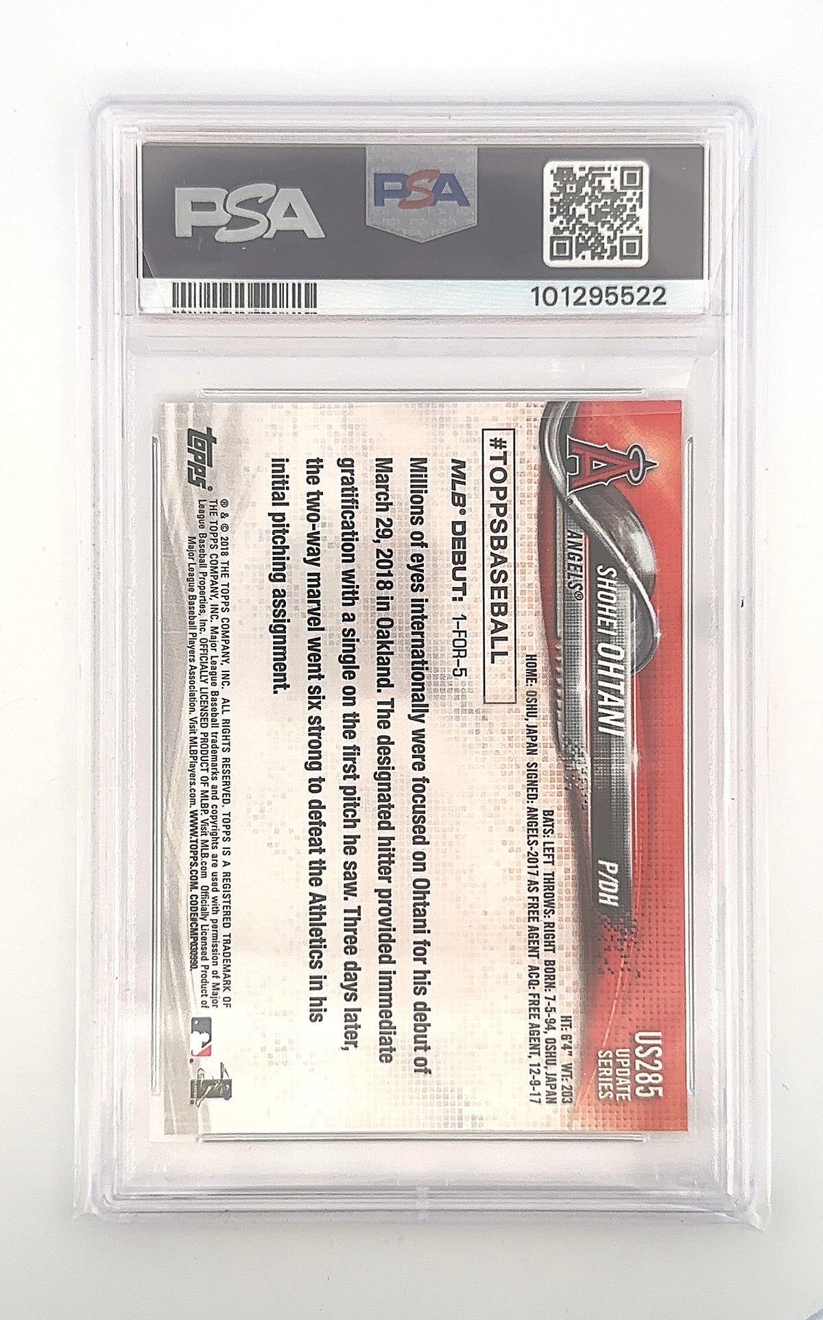 2018 Topps Update Shohei Ohtani #US285 PSA 10 — back