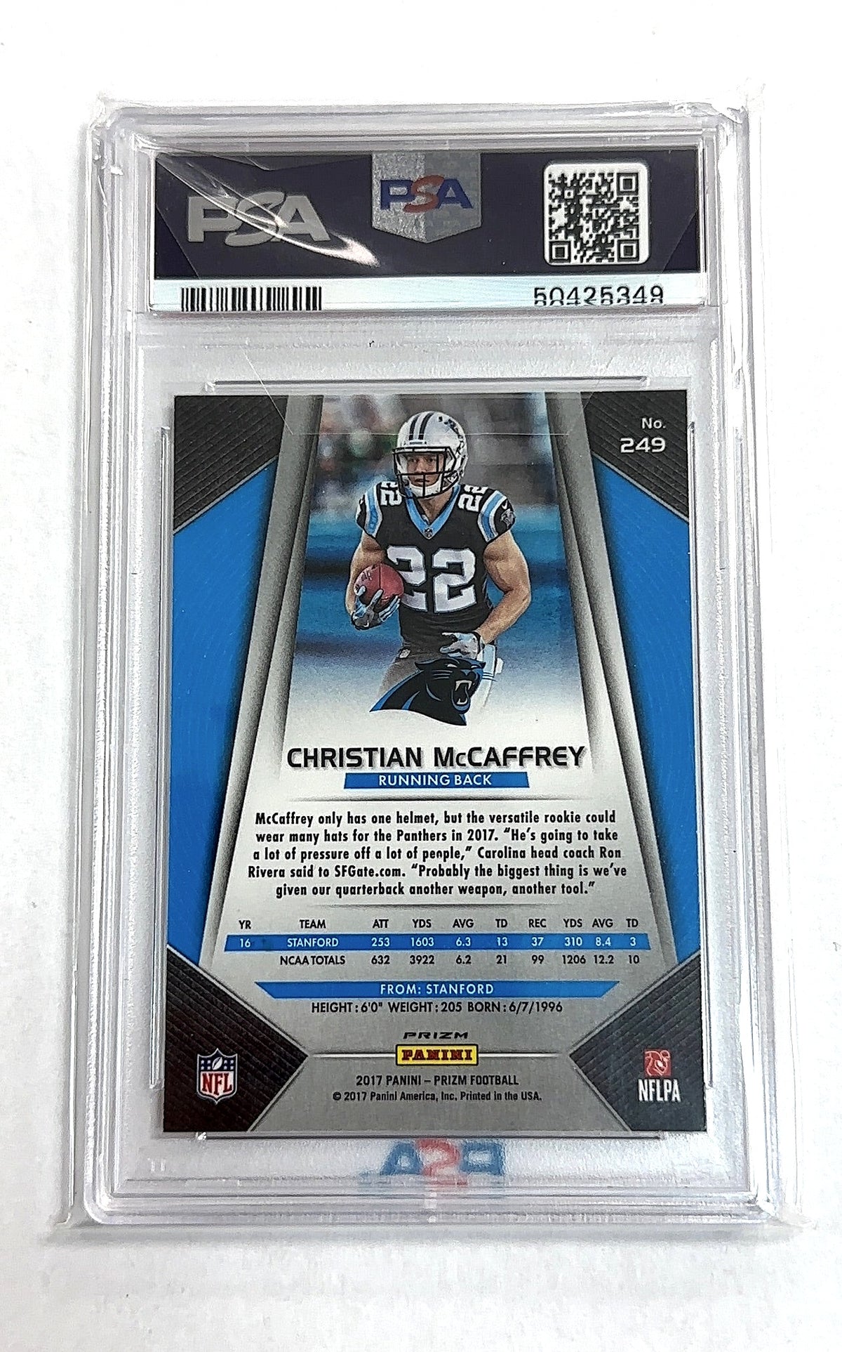 2017 Panini Prizm Christian McCaffrey [Prizm] #249 RC PSA 9 — back