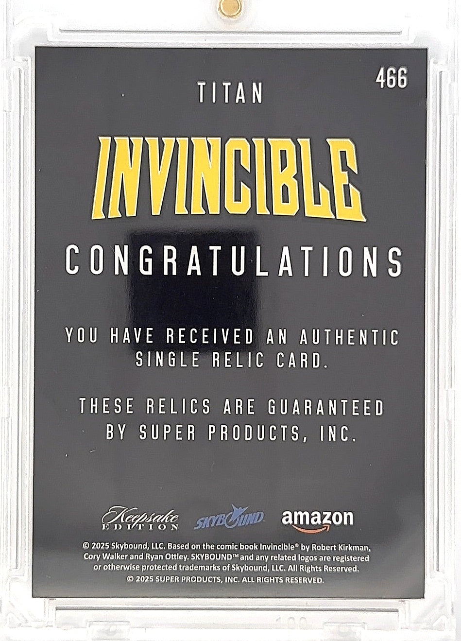 2025 Keepsake Invincible Season 1 Titan 1/1 Gold Vinyl Single Relic #466 — back