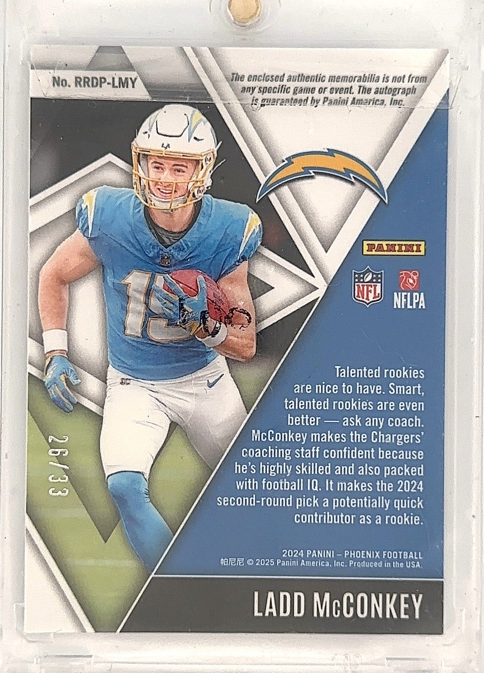 2024 Panini Phoenix Rising Rookies Dual Patch Autograph Ladd McConkey /33 #RRDP-LMY — back