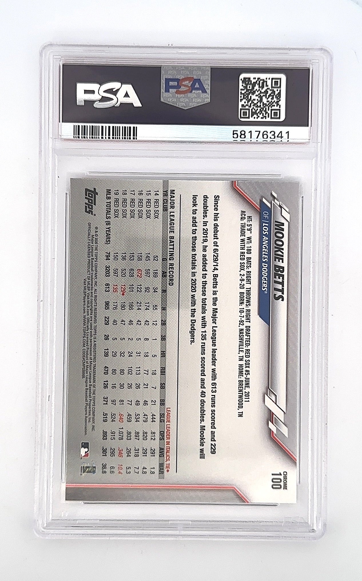 2020 Topps Chrome Mookie Betts [Prism Refractor] #100 PSA 10 — back