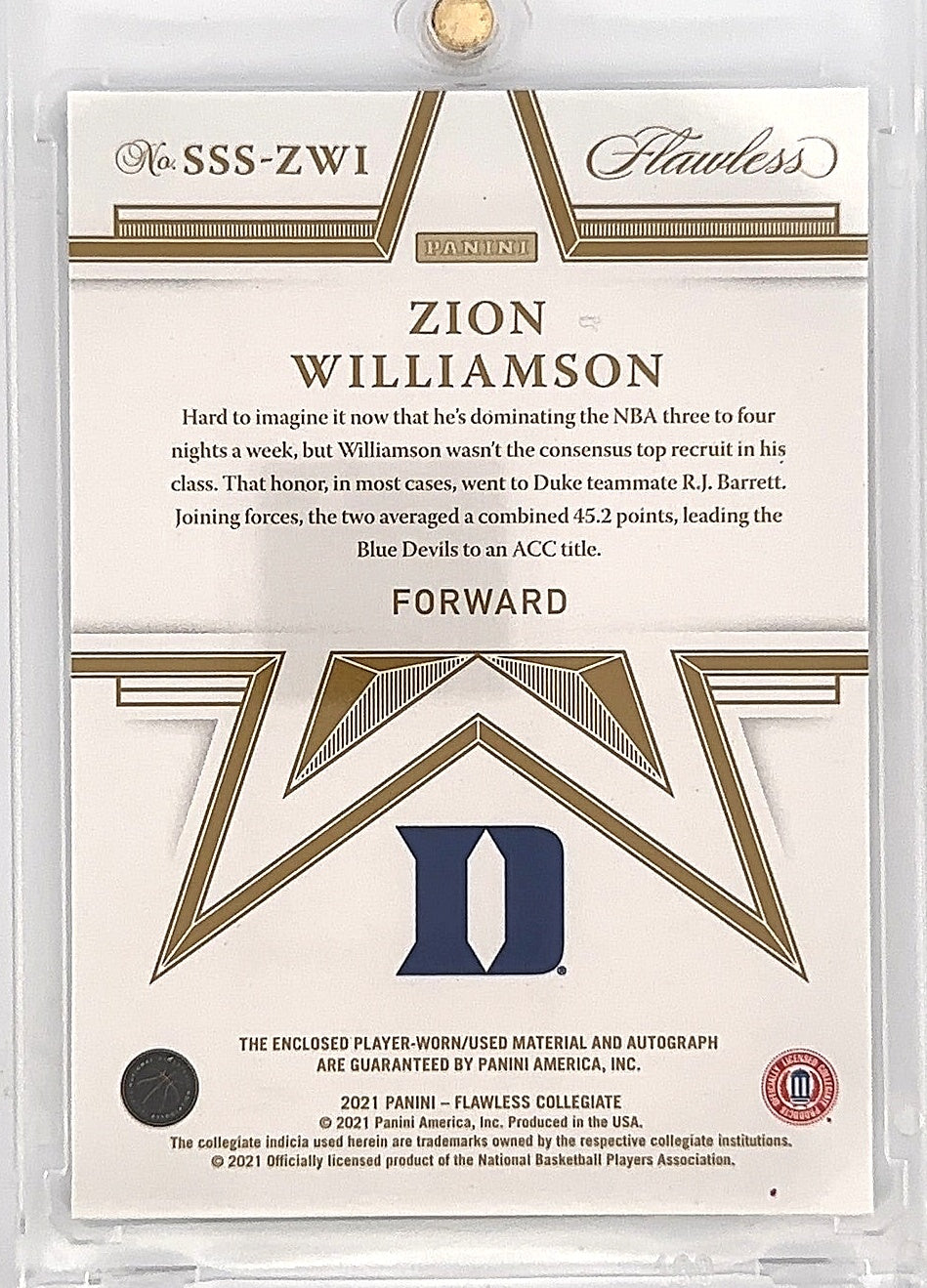 2023 Panini Prizm Draft Picks 2021 Flawless Collegiate Star Swatch Signatures Zion Williamson #SSS-ZWI /25 — back
