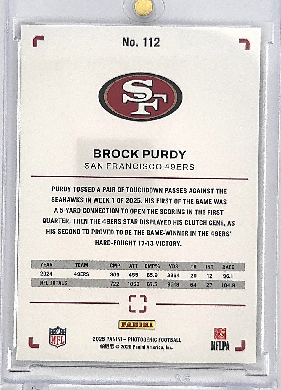 2025 Brock Purdy Panini Photogenic Cracked Ice /25 #112 — back