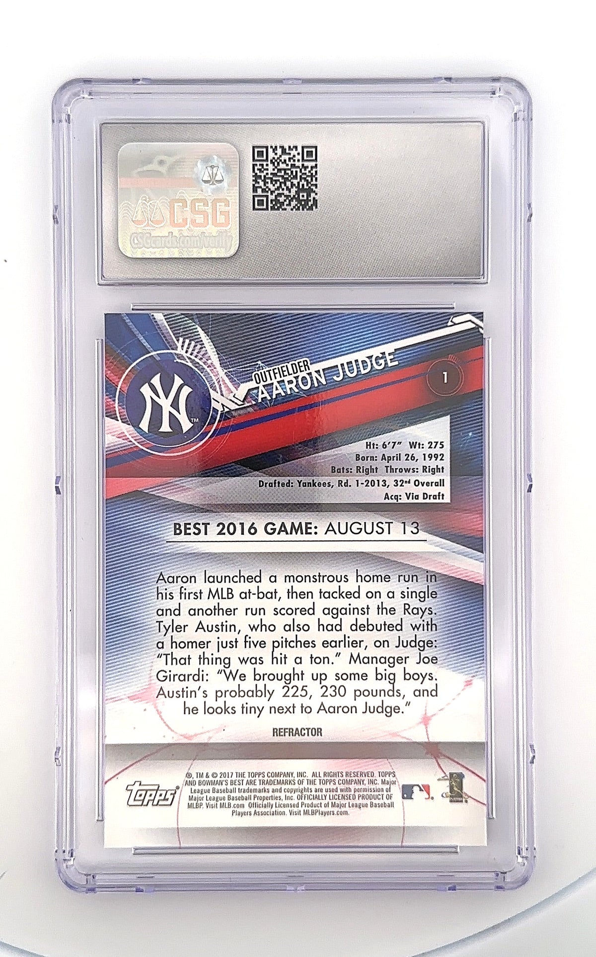 2017 Bowman's Best Aaron Judge #1 CSG 8.5 — back