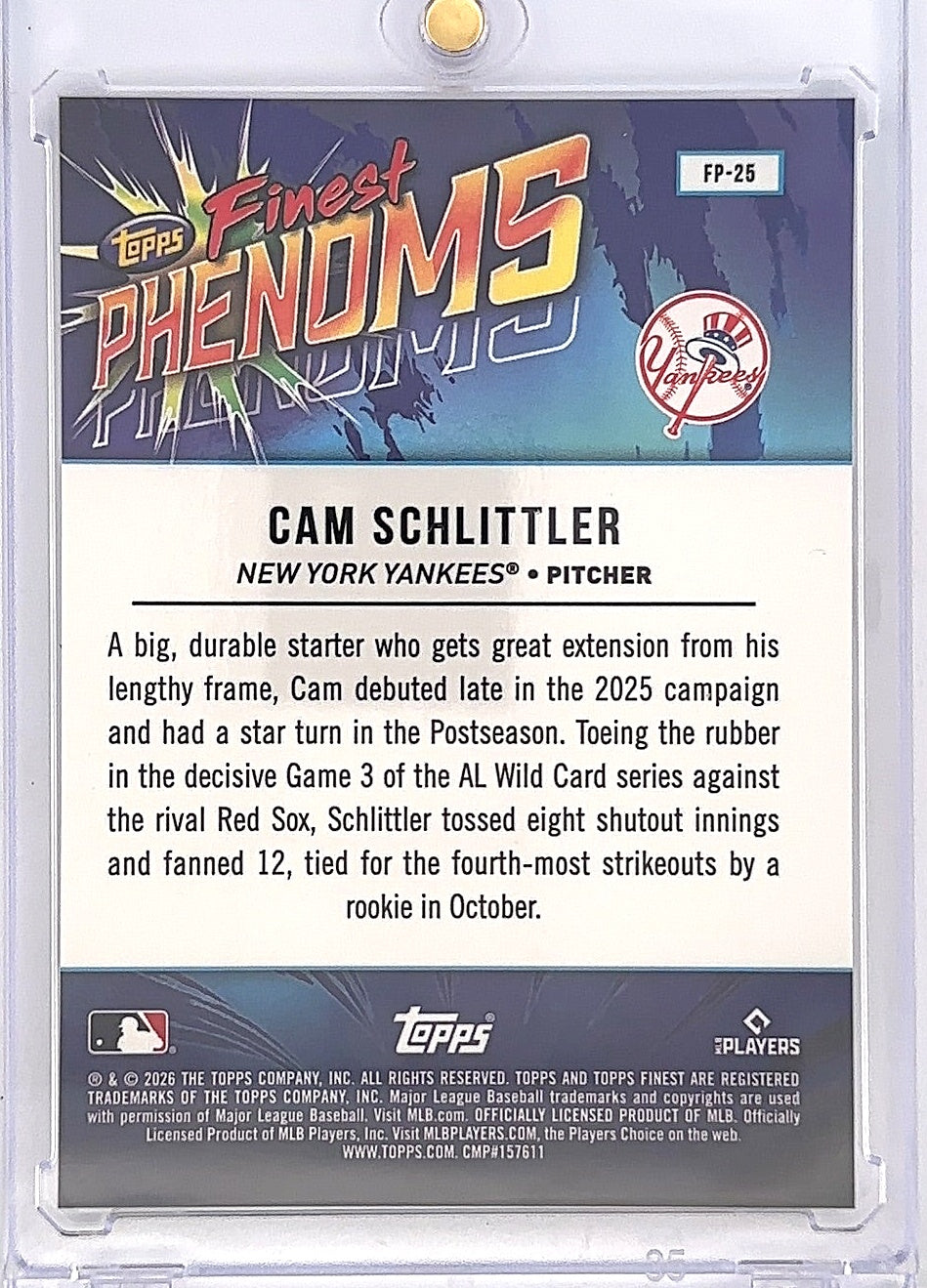 2026 Topps Finest Phenoms [Geometric] 
Cam Schlittler #FP-25 — back