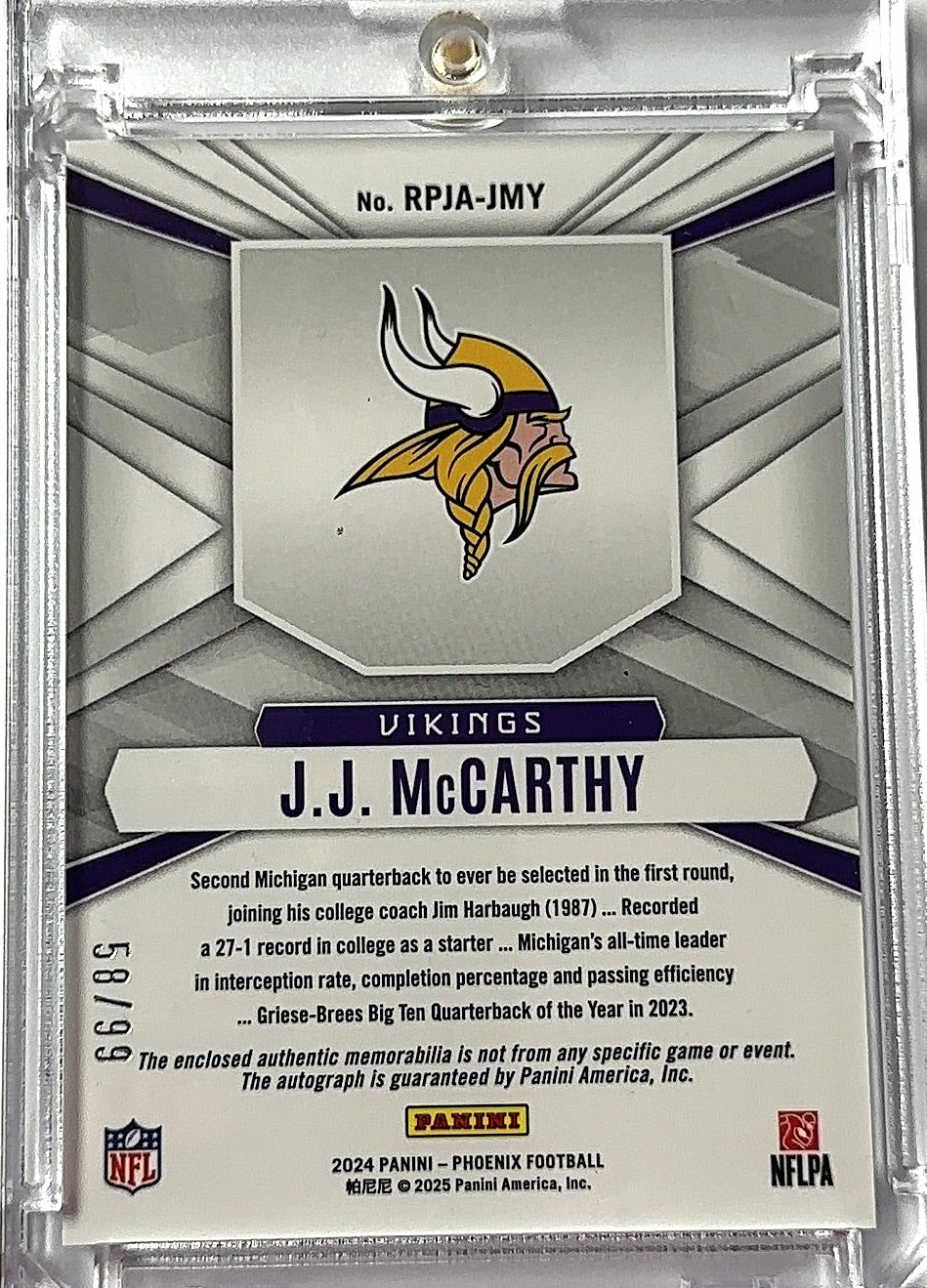 2024 Panini Rookie Phenom RPA JJ McCarthy /99 — back