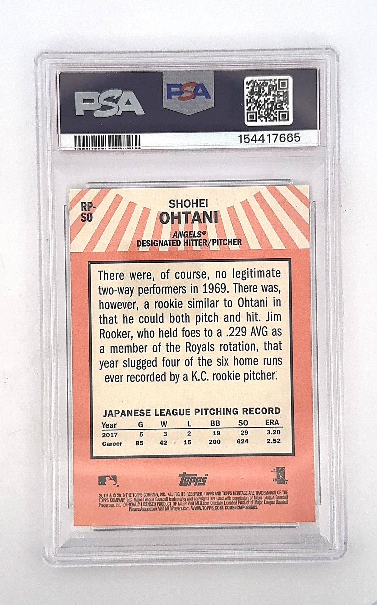 Shohei Ohtani 2018 Topps Heritage Rookie Performers PSA GEM MT 10 — back