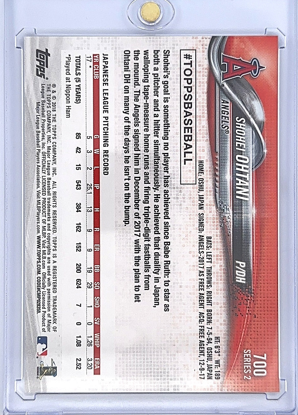 Shohei Ohtani #700 Rookie Topps — back