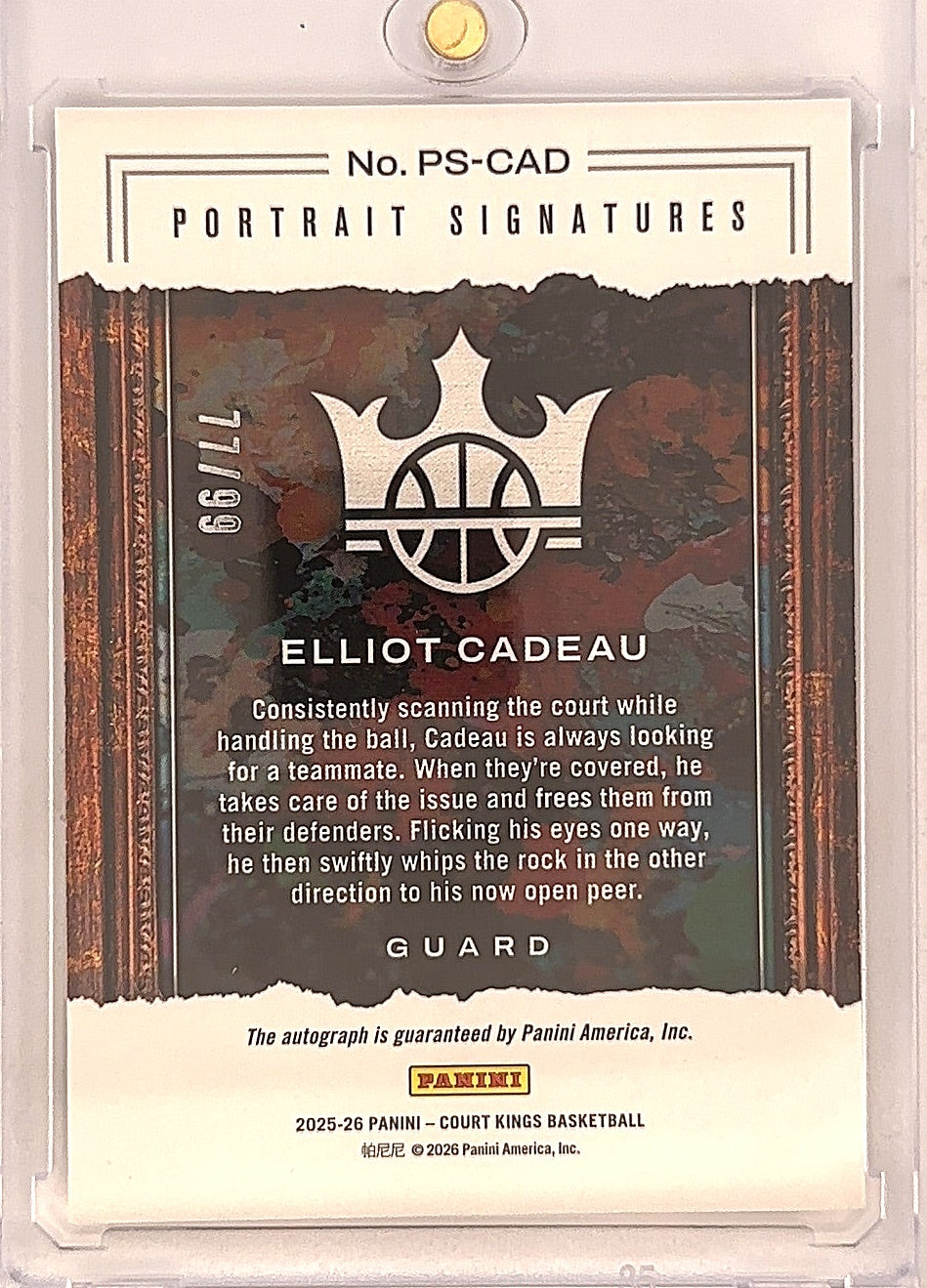 2025 Panini Court Kings Elliot Cadeau [Canvas] #73 /99 — back