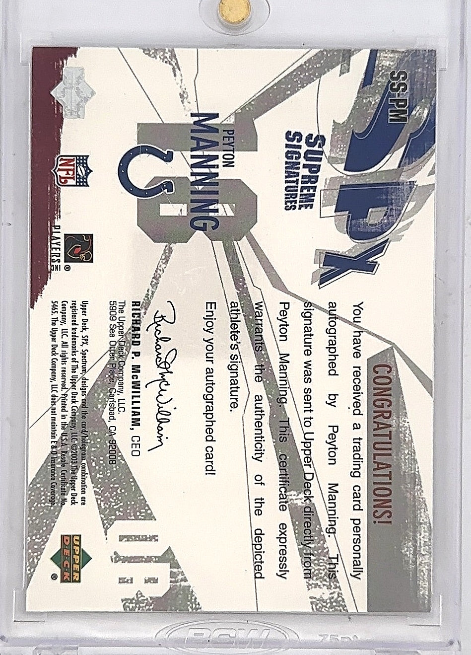 Peyton Manning Supreme Signatures 2003 — back