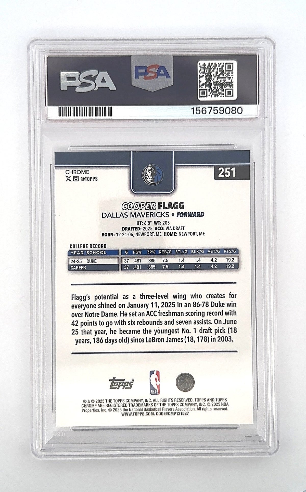 2025 Topps Chrome Cooper Flagg #251 PSA 9 — back