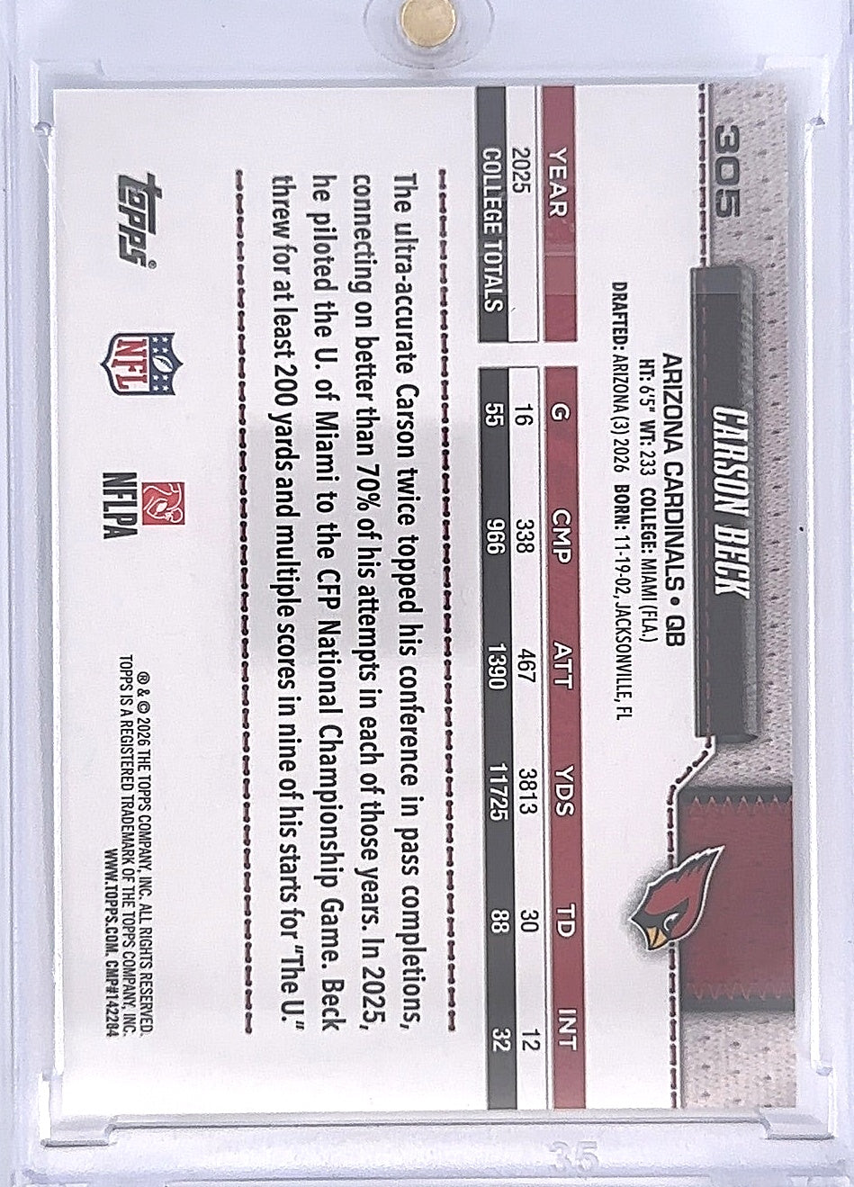 2026 Topps Flagship Carson Beck [Foil] #305 — back