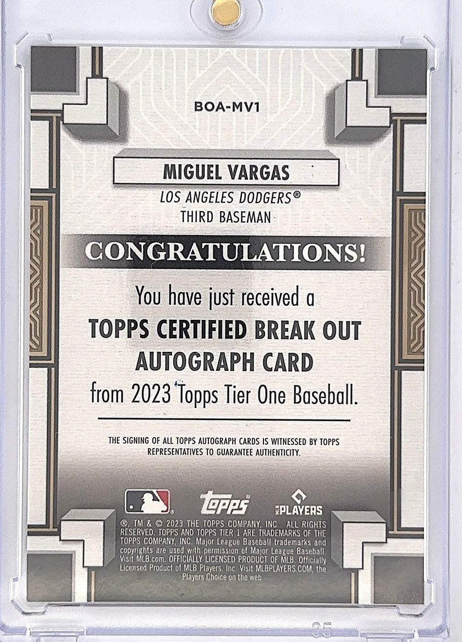 Miguel Vargas 2023 Topps Tier One Baseball Autograph 067/299 — back