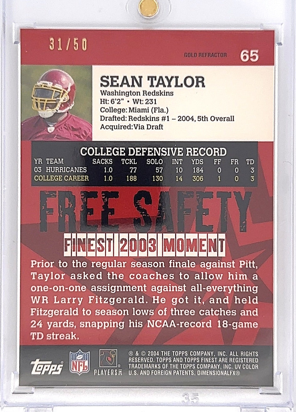 2004 Topps Finest Sean Taylor [Gold Refractor] 31/50 #65 — back
