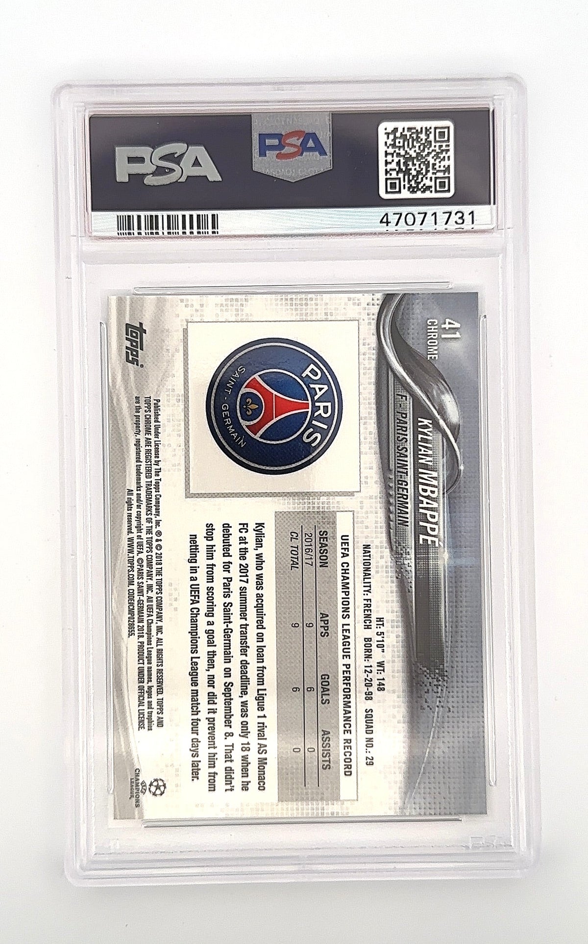 Kylian Mbappe 2017 Topps Chrome UEFA PSA GEM MT 10 — back