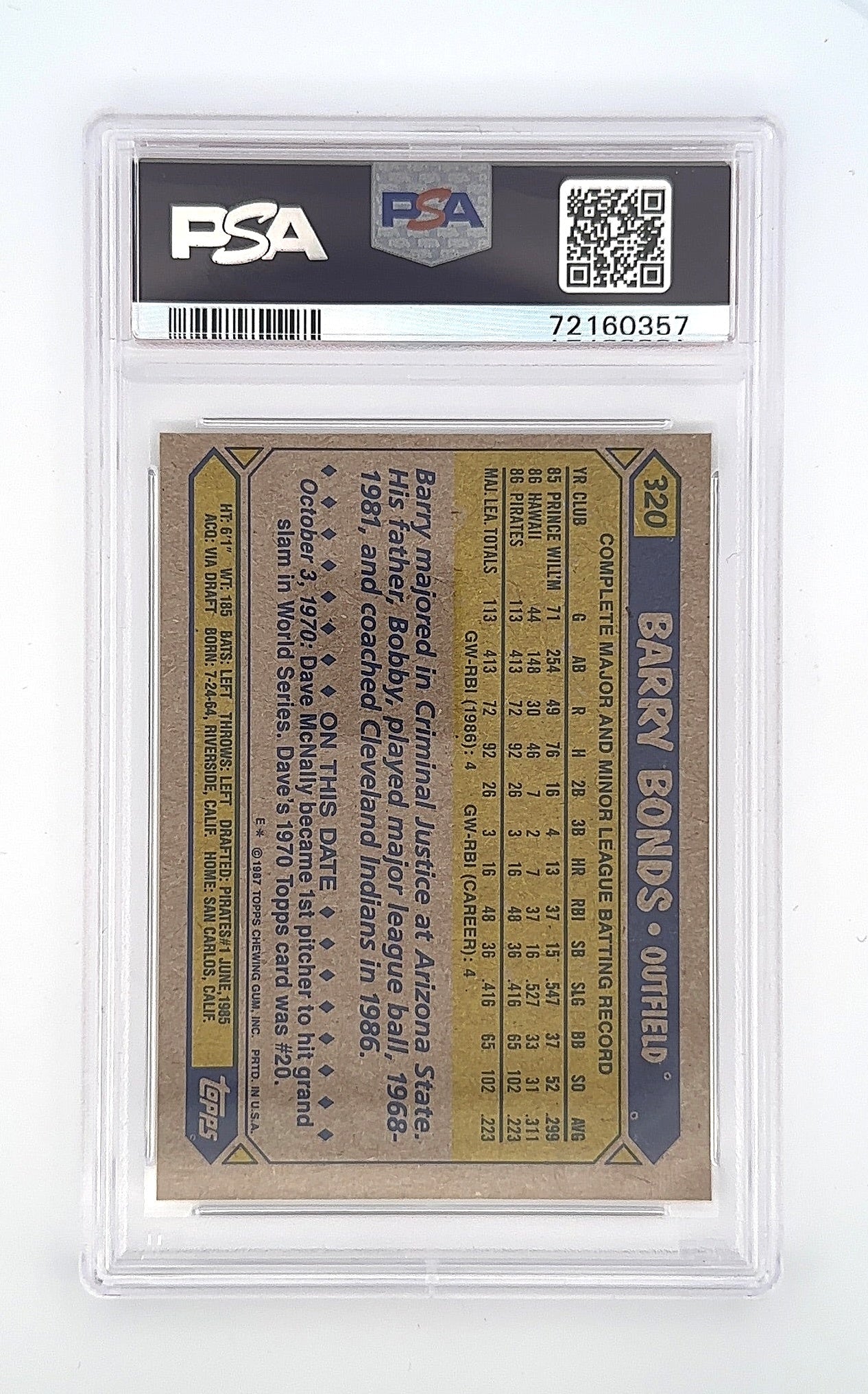 1987 Topps Barry Bonds #320 PSA 9 — back