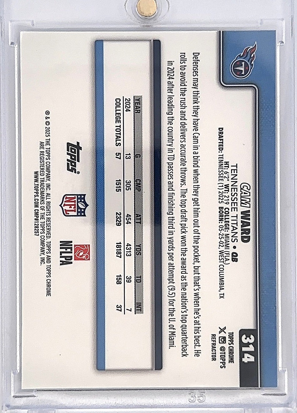 2025 Topps Chrome Cam Ward [Topps Refractor] #314 — back