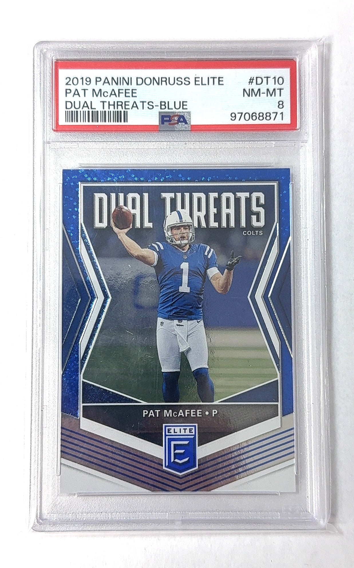2019 Panini Donruss Elite Dual Threats Pat McAfee [Blue] #DT-10 PSA 8 — front