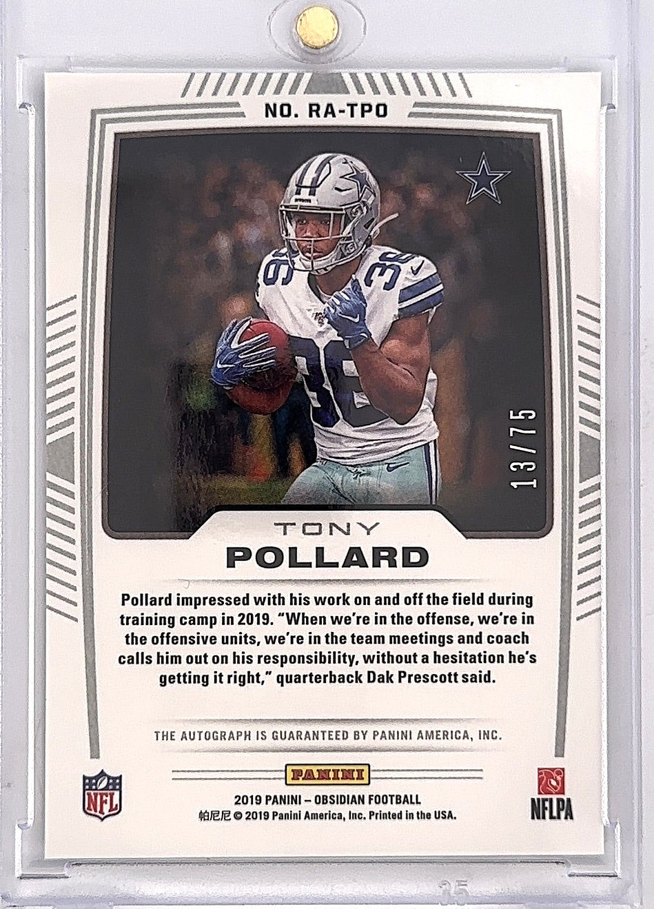 Tony Pollard Obsidian Rookie Auto /75 — back